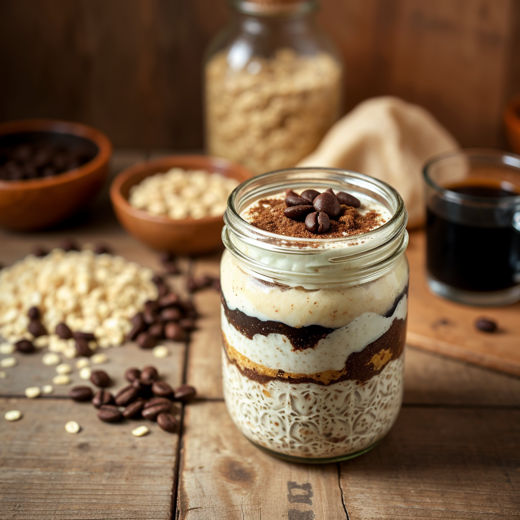 A glass jar of tiramisu overnight oats topped with coffee beans and cocoa powder, surrounded by scattered oats and coffee beans on a rustic wooden table.