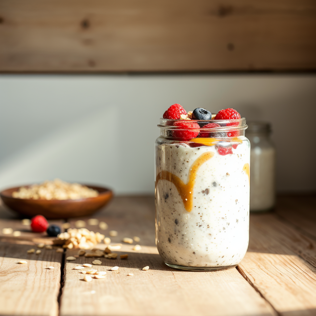 A mason jar filled with creamy high-protein overnight oats topped with fresh berries, chia seeds, and a drizzle of almond butter, placed on a rustic wooden table with a small jar of almond milk in the background